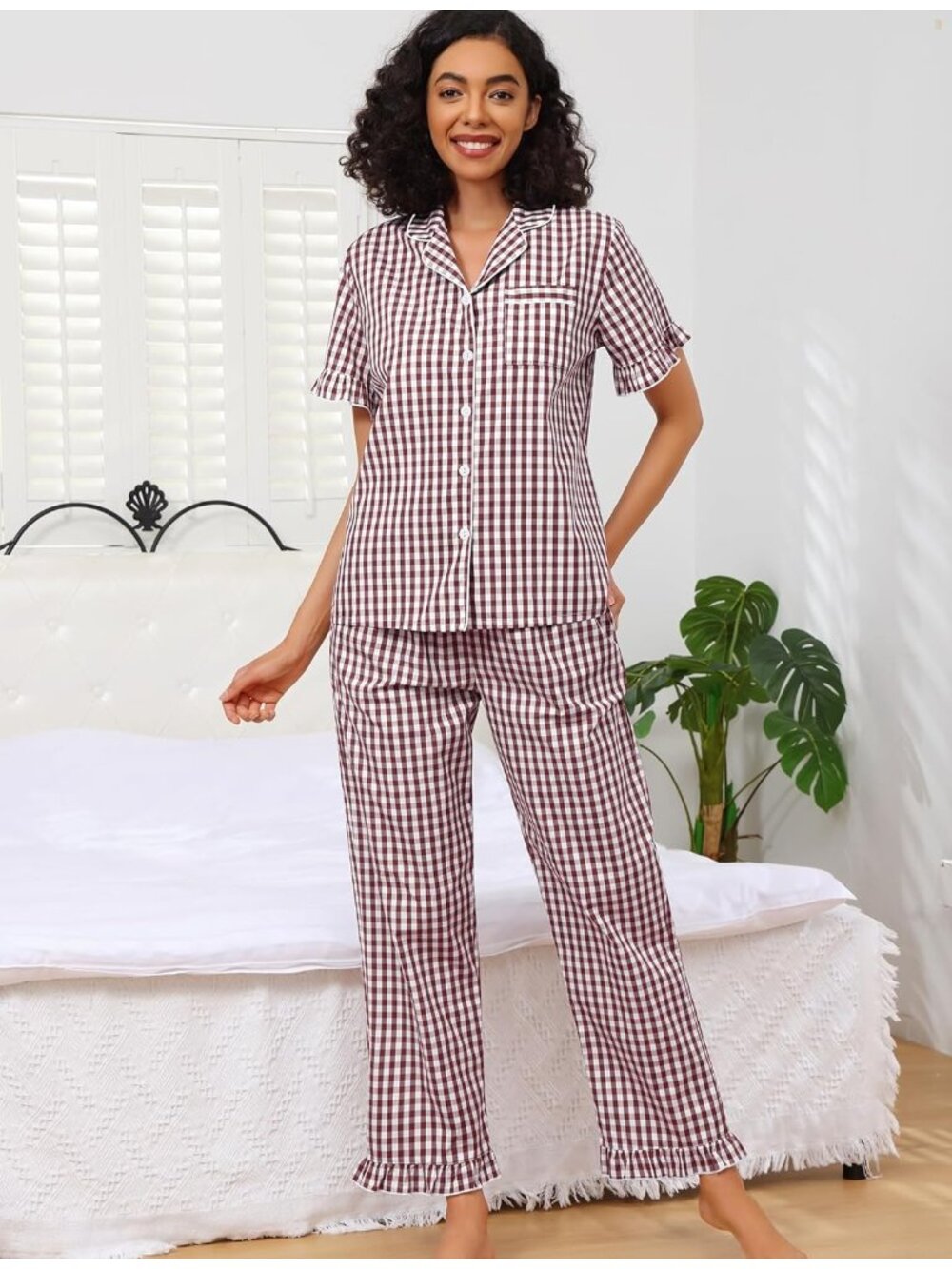 Women's Black & White Cotton Button Down Shirt Sleepwear 2 Piece Pajamas Set - Picture 6 of 7